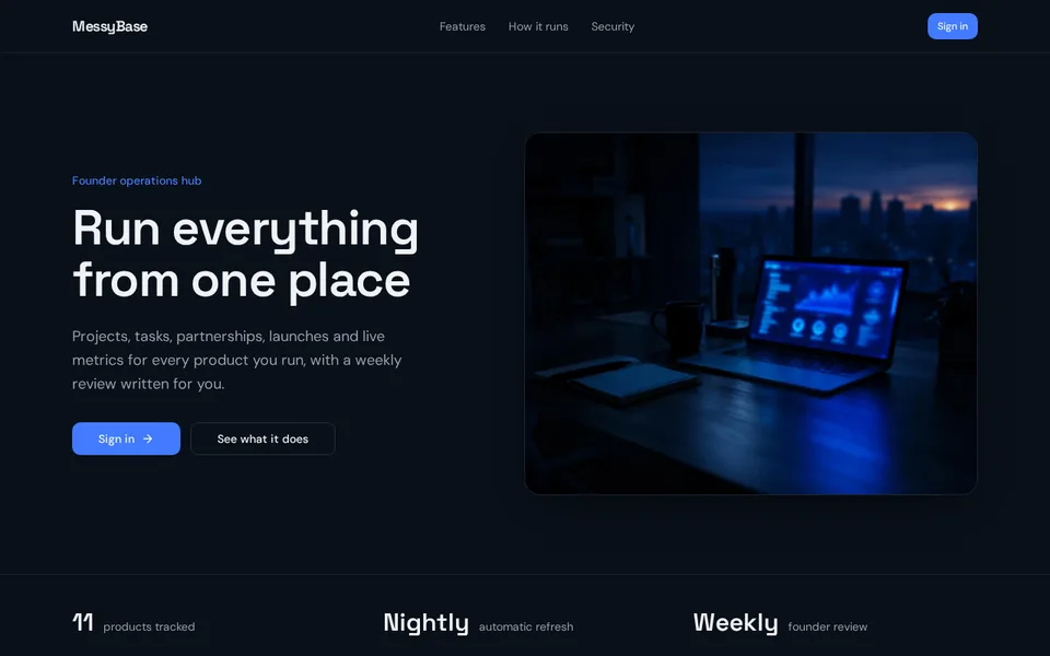 MessyBase homepage showing the operations command center product