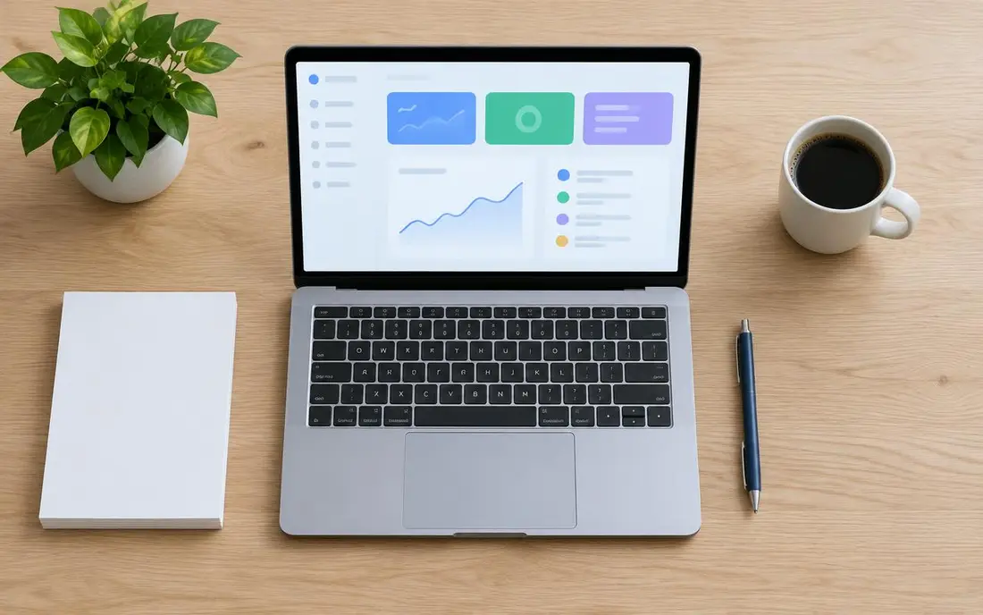 Tidy desk with a laptop showing a finished web app