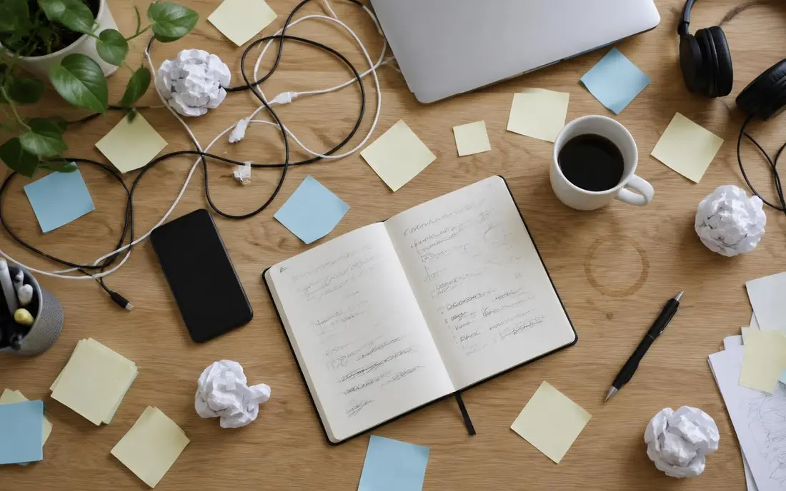 Messy desk covered in sticky notes, tangled cables and crumpled paper
