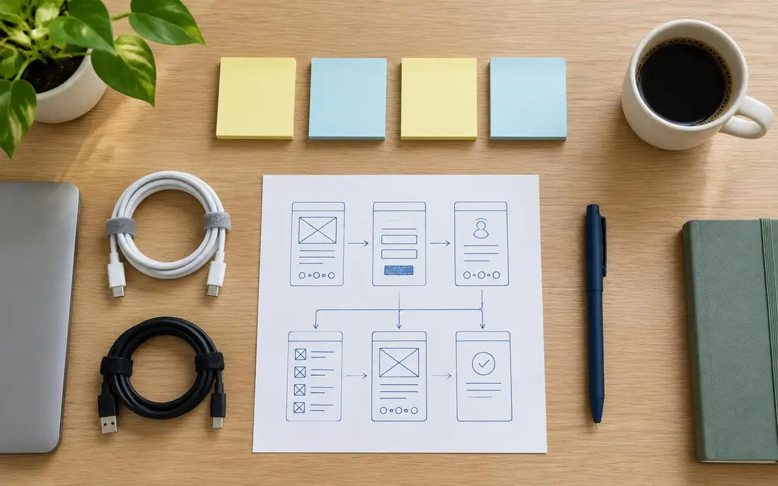 Desk being organized, with sticky notes in a row and a drawn plan of app screens